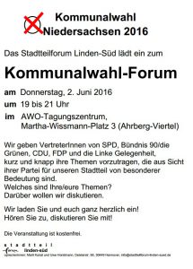 Handzettel Einladung Kommunalwahlforum 2016 Linden Süd