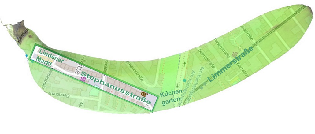 Grüne Banane, Kartenausschnitt Stephanusstraße und Lindener Marktplatz als autofreie Zone