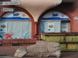 Steinskulptur Fisch vor vor geschlossenem Fisch-Hampe am Schmuckplatz