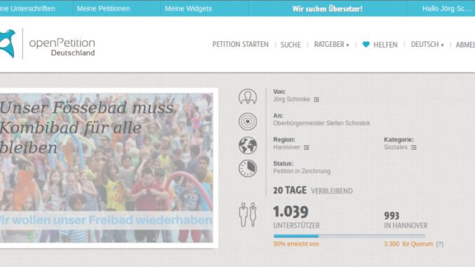 Bildschirmfoto Petition Fössebad über 1000 Unterschriften