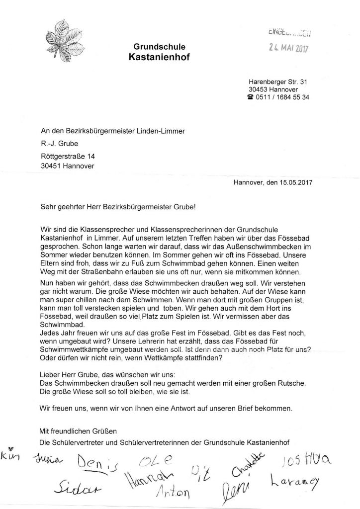 Offener Brief der Schülervertretung der Grundschule Kastanienhof Limmer für den Erhalt des Fössebades