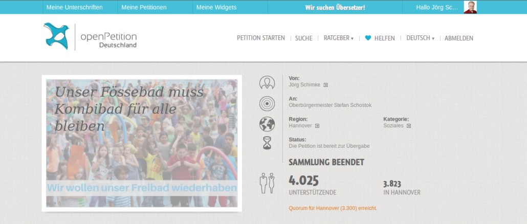 Bildschirmfoto Petition Fössebad erfolgreich